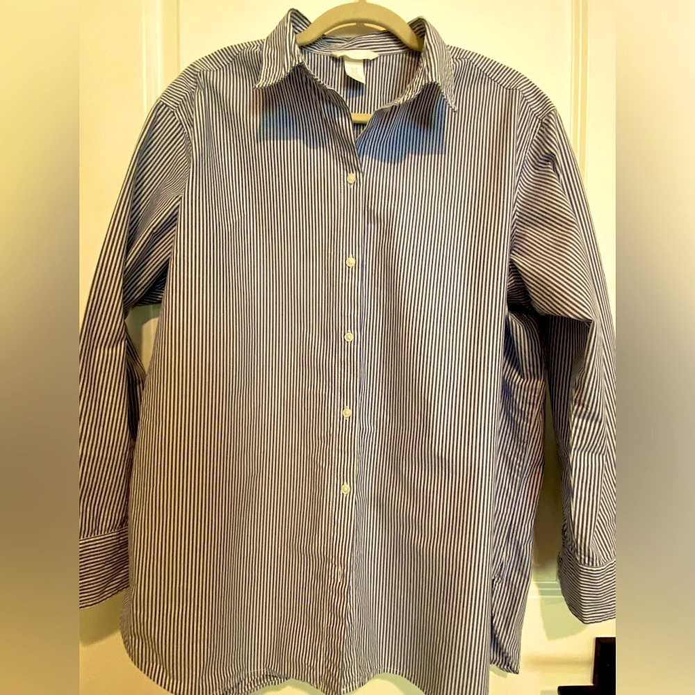 Women’s Navy and White Striped Button Down Shirt